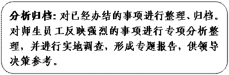 圆角矩形: 分析归档：对已经办结的事项进行整理、归档。对师生员工反映强烈的事项进行专项分析整理，并进行实地调查，形成专题报告，供领导决策参考。